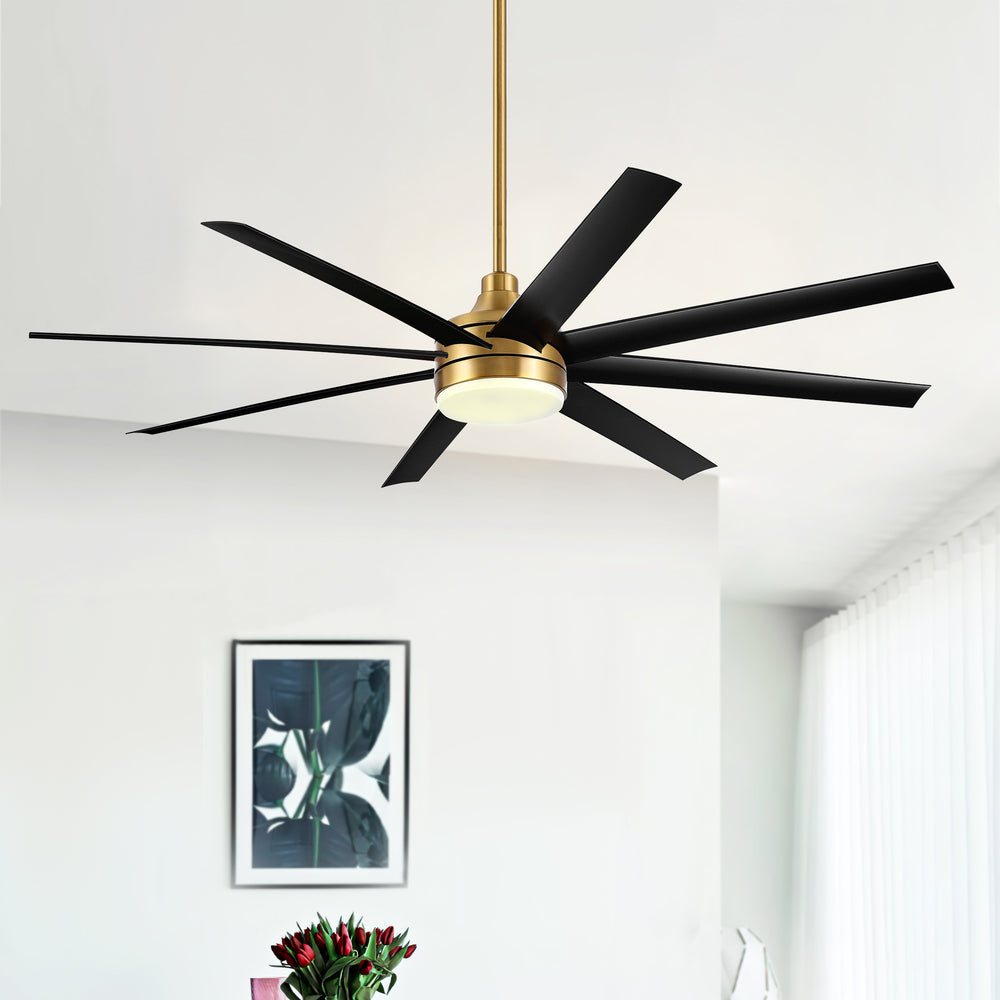 AeroSpan Lux 65-inch gold and black 8-blade ceiling fan in a modern interior space