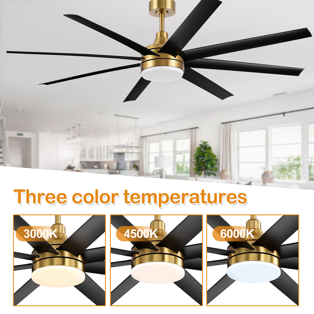 AeroSpan Lux 65-inch gold and black 8-blade ceiling fan with 3000K, 4500K and 6000K light color temperatures