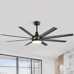 65-Inch BlackGold Industrial Ceiling Fan with Light and Remote, 8 ABS Blades, Quiet Reversible DC Motor, 6-Speed, Timer Function, 3 Color LED Light Chandelier
