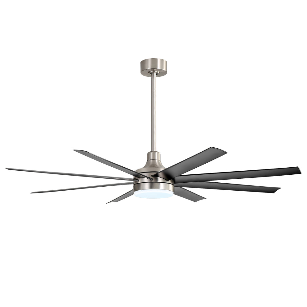 AeroSpan Lux 65-inch silver and black 8-blade ceiling fan with long downrod design