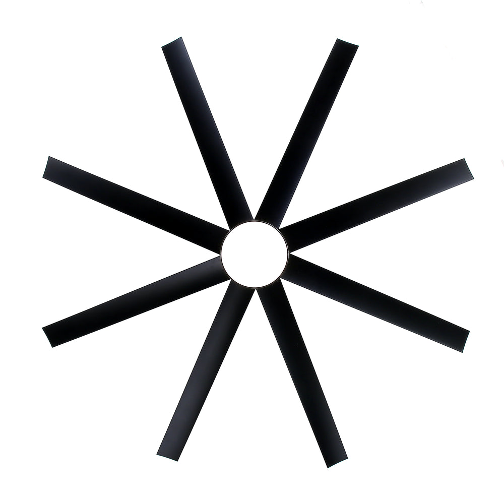 AeroSpan Lux 65-inch black 8-blade ceiling fan showing blade layout and overall design