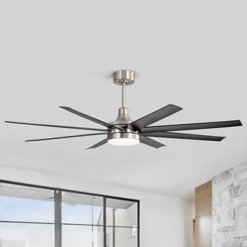 AeroSpan Lux 65-inch silver and black 8-blade ceiling fan in a modern interior space