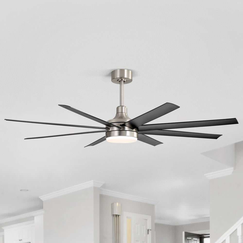 AeroSpan Lux 65-inch silver and black 8-blade ceiling fan in a modern interior space