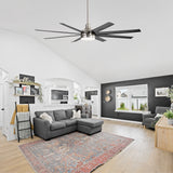 AeroSpan Lux 65-inch silver and black 8-blade ceiling fan in a modern living room
