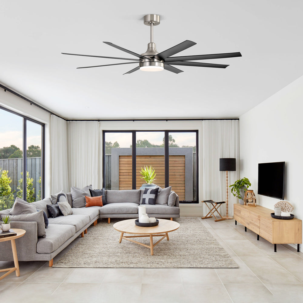AeroSpan Lux 65-inch silver and black 8-blade ceiling fan in a modern living room