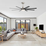 AeroSpan Lux 65-inch silver and black 8-blade ceiling fan in a modern living room