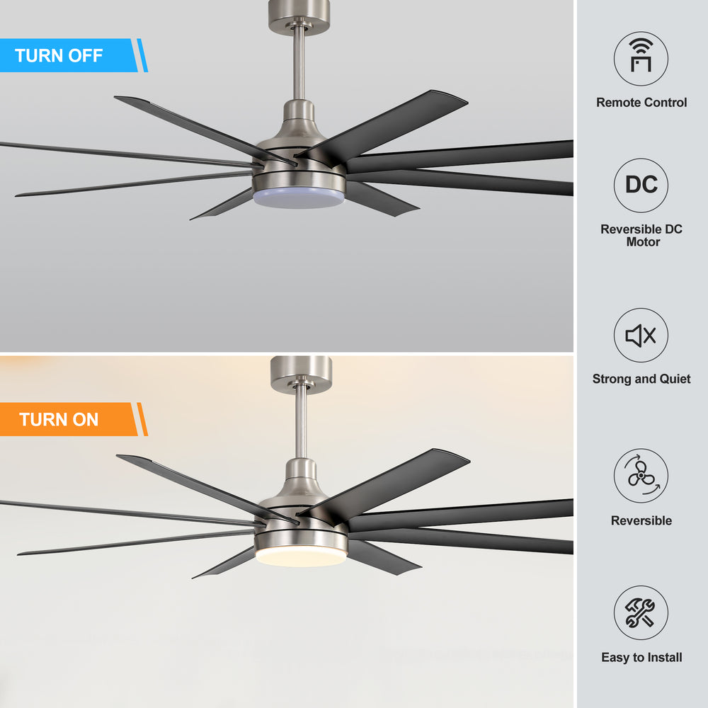 AeroSpan Lux 65-inch silver and black 8-blade ceiling fan with remote control, reversible motor and quiet operation