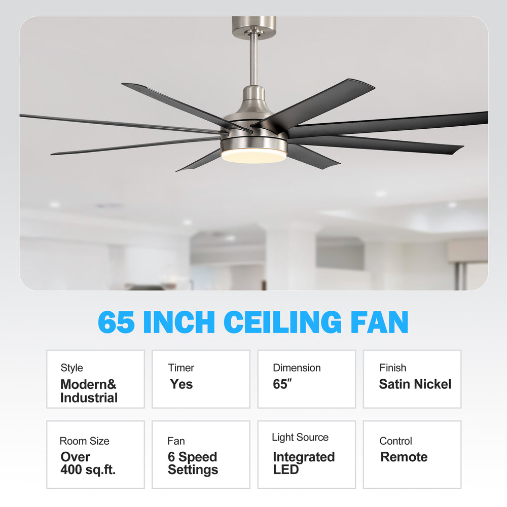 AeroSpan Lux 65-inch silver and black 8-blade ceiling fan with specifications and features