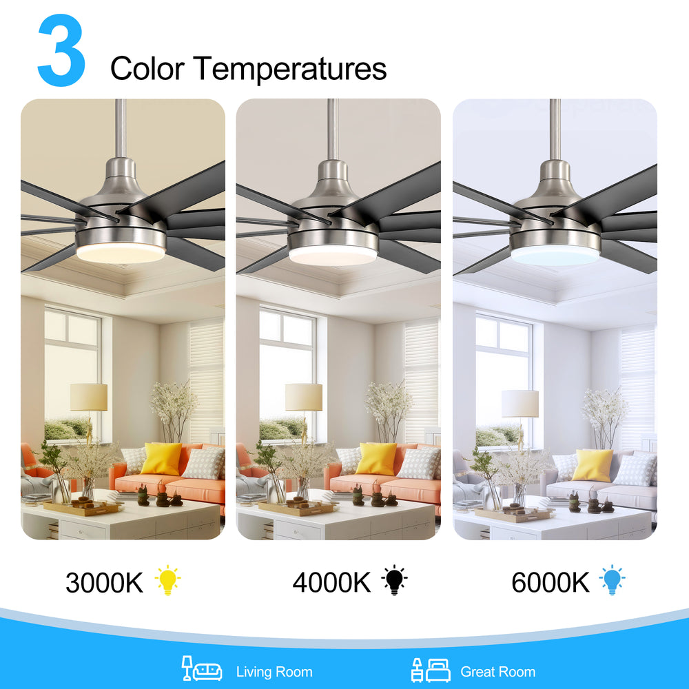 AeroSpan Lux 65-inch silver and black 8-blade ceiling fan with 3000K, 4000K and 6000K light color temperatures