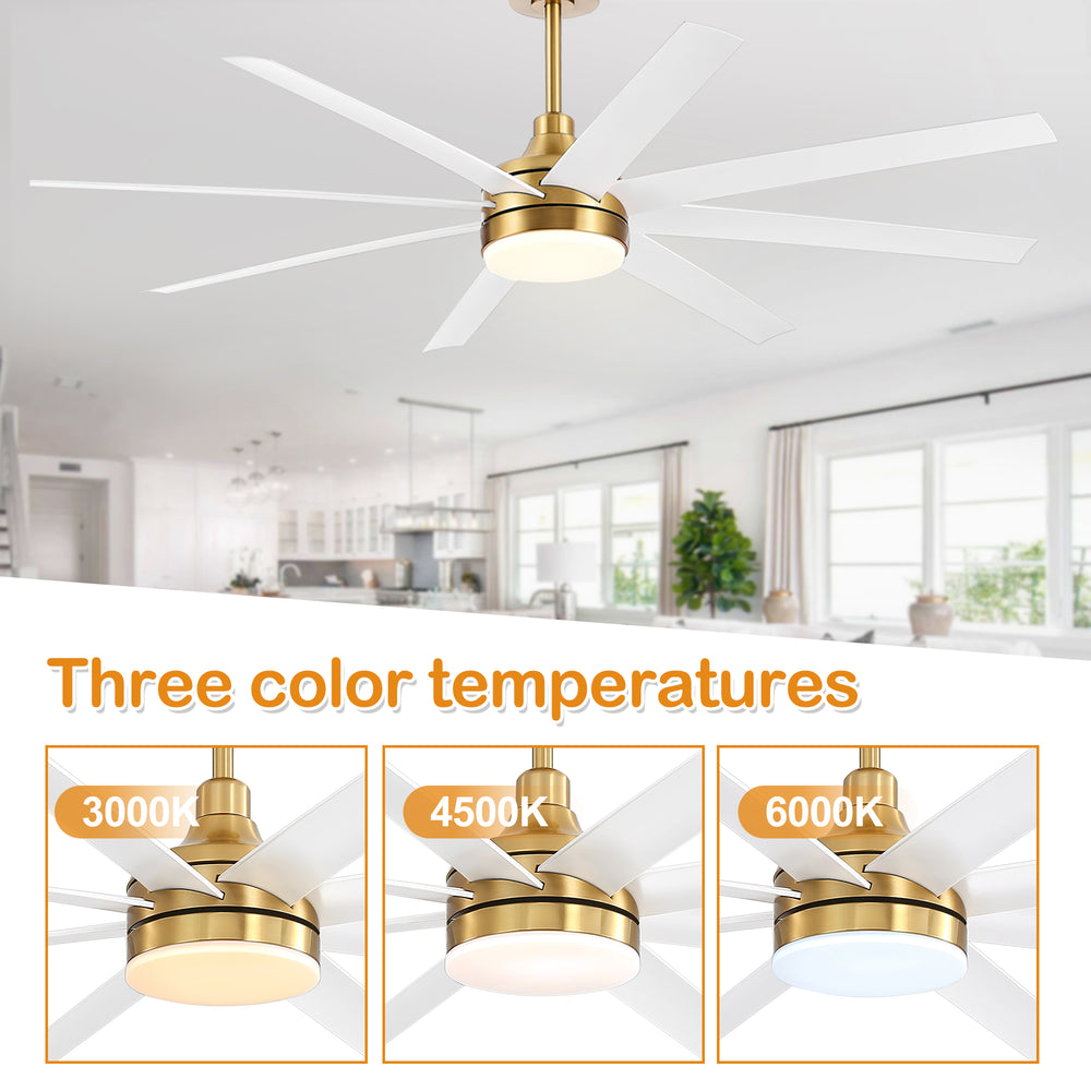 AeroSpan Lux 65-inch gold and white 8-blade ceiling fan with 3000K, 4500K and 6000K light color temperatures
