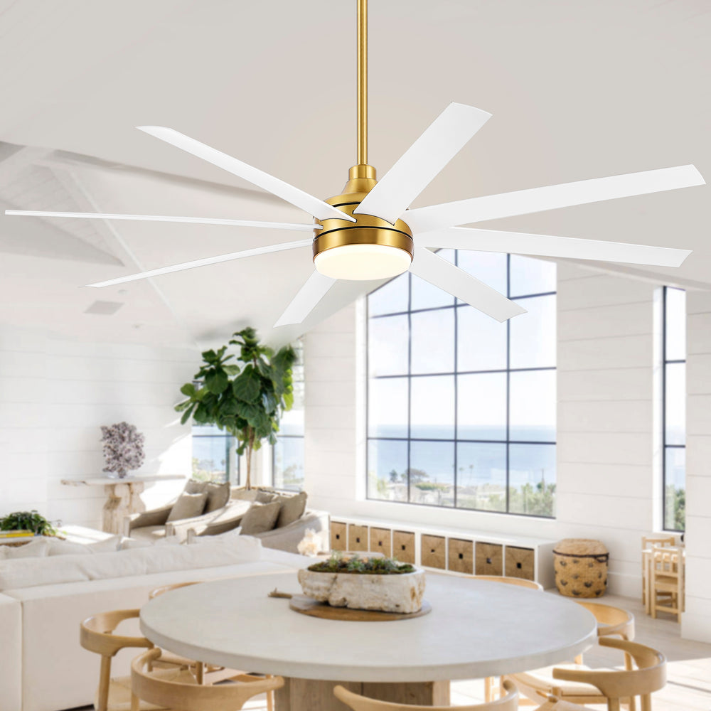 AeroSpan Lux 65-inch gold and white 8-blade ceiling fan in a modern open living space