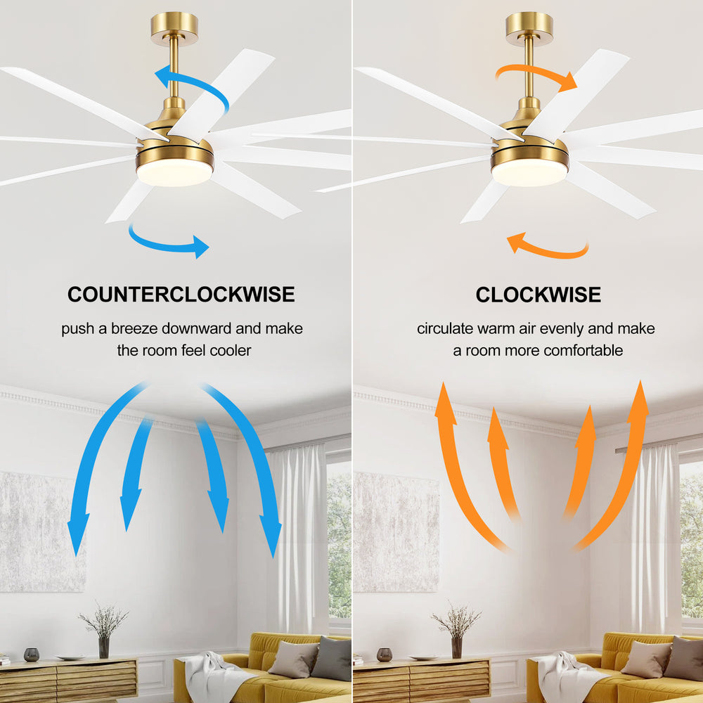 AeroSpan Lux 65-inch gold and white 8-blade ceiling fan with clockwise and counterclockwise airflow function