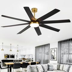 Gold & Black Ceiling Fans with LED Lights, 70 Inch 8-Blade Ceiling Fan Remote Control, Industrial Ceiling Fan with Reversible DC Motor, Downrod Mount LED Ceiling Light for Bedroom