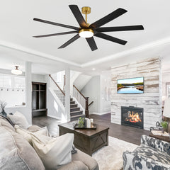 Gold & Black Ceiling Fans with LED Lights, 70 Inch 8-Blade Ceiling Fan Remote Control, Industrial Ceiling Fan with Reversible DC Motor, Downrod Mount LED Ceiling Light for Bedroom