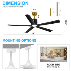 60-Inch Farmhouse Ceiling Fans with Lights Remote Contro, 5-Blade, Reversible DC Motor, 6-Speed, 3 Color Light, Timer, Modern Ceiling Fan with Led Light for Bedroom Living Room