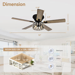 52-inch 5-Blade Flush Crystal Ceiling Fan with Light Kit and Remote Control Included