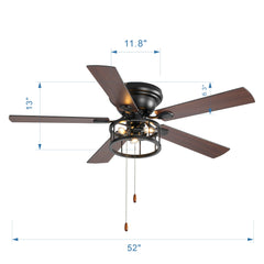 52-inch Indoor Black Ceiling Fan with Light Kit and Pull Chain Included