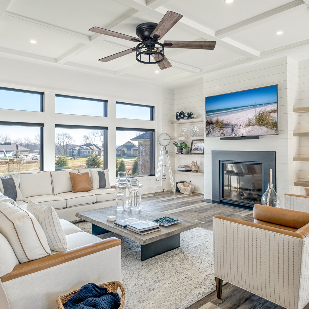 52 Inch 5-Blade Flush Ceiling fan with Light Kit and Remote Control Included