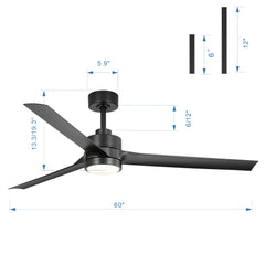 60-in Integrated LED Indoor Ceiling Fans with Light and Remote Control, 6" and 12" Downrod Included