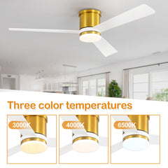 52 Inch 3-Blade Ceiling Fan with Light, Ceiling Fans with LED Light Remote Control with Reversible DC Motor, Flush Mount for Indoor Bedroom Kitchen Farmhouse