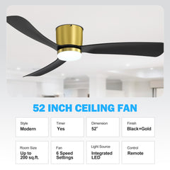 52 Inch Ceiling Fan with Light and Remote, Low Profile Flush Mount Ceiling Fans, Reversible DC Motor, 3-Blade, 6-Speed, Industrial Ceiling Fan with LED Light Chandelier for Bedroom