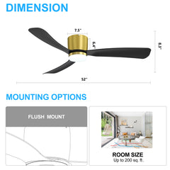 52 Inch Ceiling Fan with Light and Remote, Low Profile Flush Mount Ceiling Fans, Reversible DC Motor, 3-Blade, 6-Speed, Industrial Ceiling Fan with LED Light Chandelier for Bedroom