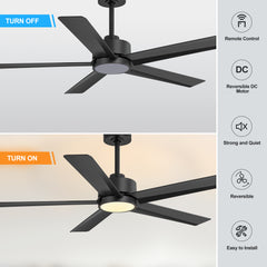 52 inch Ceiling Fans with Lights, 5-Blade Ceiling Fan with Remote Control, Quiet Reversible DC Motor, Timer, 6-Speed, Easy Install, Industrial Ceiling Fan for Porch Living Room