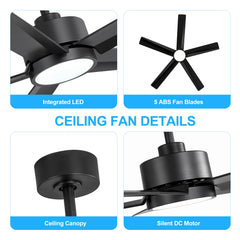 52 inch Ceiling Fans with Lights, 5-Blade Ceiling Fan with Remote Control, Quiet Reversible DC Motor, Timer, 6-Speed, Easy Install, Industrial Ceiling Fan for Porch Living Room