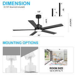 52 inch Ceiling Fans with Lights, 5-Blade Ceiling Fan with Remote Control, Quiet Reversible DC Motor, Timer, 6-Speed, Easy Install, Industrial Ceiling Fan for Porch Living Room