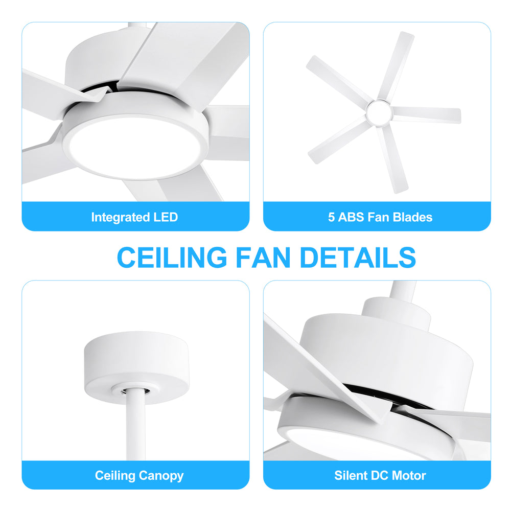52 inch Ceiling Fans with Lights, 5-Blade Ceiling Fan with Remote Control, Quiet Reversible DC Motor, Timer, 6-Speed, Easy Install, Industrial Ceiling Fan for Porch Living Room