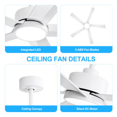52 inch Ceiling Fans with Lights, 5-Blade Ceiling Fan with Remote Control, Quiet Reversible DC Motor, Timer, 6-Speed, Easy Install, Industrial Ceiling Fan for Porch Living Room