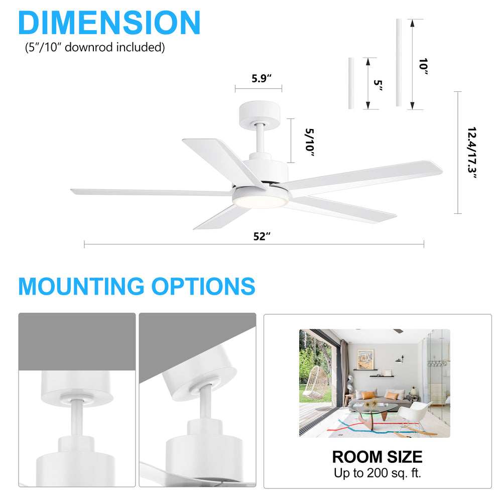 52 inch Ceiling Fans with Lights, 5-Blade Ceiling Fan with Remote Control, Quiet Reversible DC Motor, Timer, 6-Speed, Easy Install, Industrial Ceiling Fan for Porch Living Room