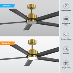 52 inch Ceiling Fans with Lights, 5-Blade Ceiling Fan with Remote Control, Quiet Reversible DC Motor, Timer, 6-Speed, Easy Install, Industrial Ceiling Fan for Porch Living Room