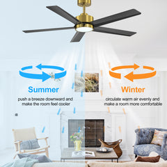 52 inch Ceiling Fans with Lights, 5-Blade Ceiling Fan with Remote Control, Quiet Reversible DC Motor, Timer, 6-Speed, Easy Install, Industrial Ceiling Fan for Porch Living Room
