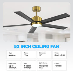 52 inch Ceiling Fans with Lights, 5-Blade Ceiling Fan with Remote Control, Quiet Reversible DC Motor, Timer, 6-Speed, Easy Install, Industrial Ceiling Fan for Porch Living Room