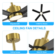 52 inch Ceiling Fans with Lights, 5-Blade Ceiling Fan with Remote Control, Quiet Reversible DC Motor, Timer, 6-Speed, Easy Install, Industrial Ceiling Fan for Porch Living Room