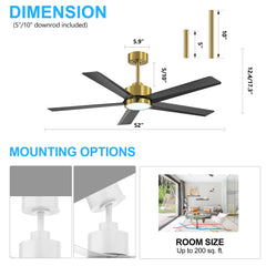 52 inch Ceiling Fans with Lights, 5-Blade Ceiling Fan with Remote Control, Quiet Reversible DC Motor, Timer, 6-Speed, Easy Install, Industrial Ceiling Fan for Porch Living Room