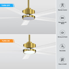 52 inch Ceiling Fans with Lights, 5-Blade Ceiling Fan with Remote Control, Quiet Reversible DC Motor, Timer, 6-Speed, Easy Install, Industrial Ceiling Fan for Porch Living Room