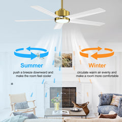 52 inch Ceiling Fans with Lights, 5-Blade Ceiling Fan with Remote Control, Quiet Reversible DC Motor, Timer, 6-Speed, Easy Install, Industrial Ceiling Fan for Porch Living Room