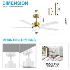 52 inch Ceiling Fans with Lights, 5-Blade Ceiling Fan with Remote Control, Quiet Reversible DC Motor, Timer, 6-Speed, Easy Install, Industrial Ceiling Fan for Porch Living Room