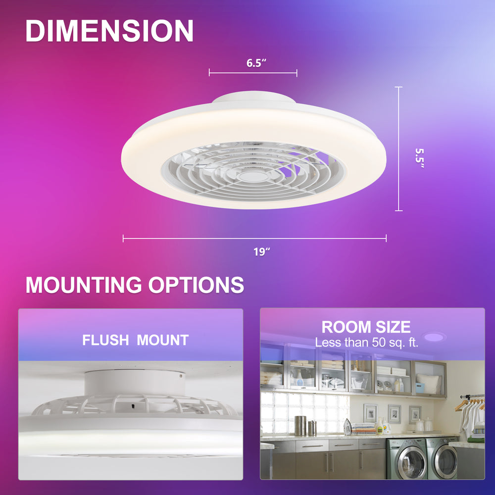 Ostis 19-Inch Smart White Low Profile Ceiling Fan With RGB Light