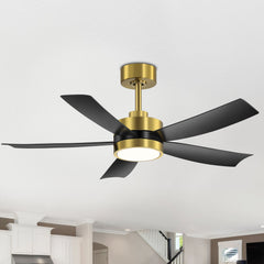 42 Inch Ceiling Fan with Light and Remote, 5-Blade, Reversible DC Motor, 6-Speed, Down Rod Mount, Industrial Gold Ceiling Fans with Led Light Chandelier for Bedroom Kitchen Home