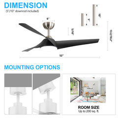 52-Inch Ceiling Fans with Led Lights Remote Control, 3-Blade, Reversible DC Motor, 6-Speed, Timer, Modern Indoor Ceiling Fan with Light for Bedroom Kitchen Office
