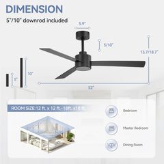 52-inch 3-Blade Ceiling Fan with Remote without Light, 5" and 10" Downrods Included