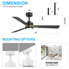 52" Ceiling Fans with Lights, Black Modern Ceiling Fan with Remote, Farmhouse Indoor Ceiling Fan,Quiet & Strong Motor, Bright LED Light for Bedroom,6 Speeds Silent Reversible DC Motor