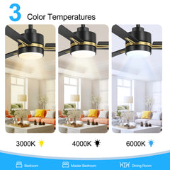 52" Ceiling Fans with Lights, Black Modern Ceiling Fan with Remote, Farmhouse Indoor Ceiling Fan,Quiet & Strong Motor, Bright LED Light for Bedroom,6 Speeds Silent Reversible DC Motor