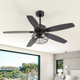 52-inch Industrial 5-Blade Black Ceiling Fan with Light Kit, Remote Control, Reversible Wood Blades, 6-Speed DC Motor, 5" & 10" Downrod