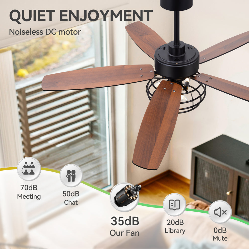 52-inch Industrial 5-Blade Black Ceiling Fan with Light Kit, Remote Control, Reversible Wood Blades, 6-Speed DC Motor, 5" & 10" Downrod