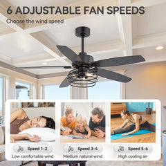 52-inch Industrial 5-Blade Black Ceiling Fan with Light Kit, Remote Control, Reversible Wood Blades, 6-Speed DC Motor, 5" & 10" Downrod