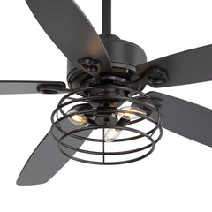 52-inch Industrial 5-Blade Black Ceiling Fan with Light Kit, Remote Control, Reversible Wood Blades, 6-Speed DC Motor, 5" & 10" Downrod